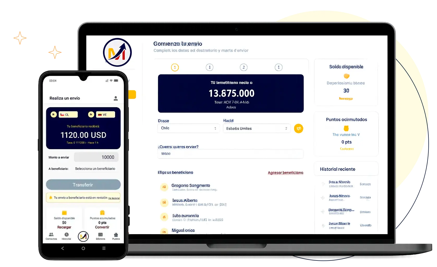 Money Change World App Mockup en Laptop y Celular